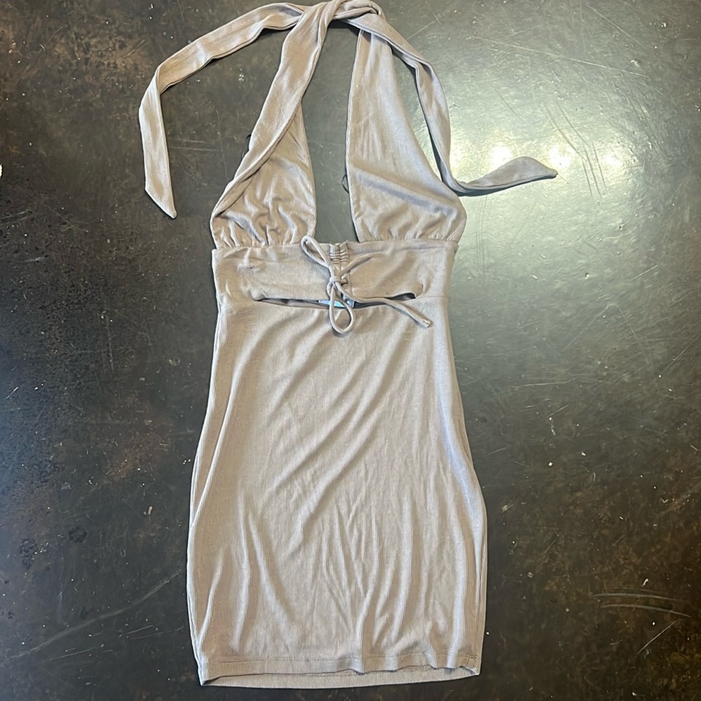 Brown halter dress.